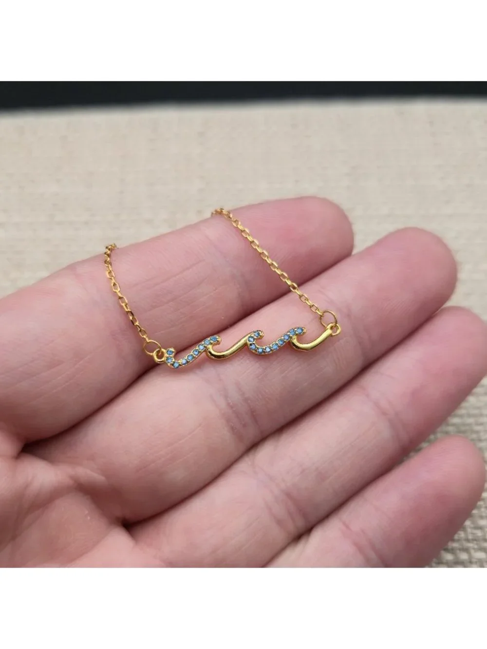 7+1 Inch Gold Over Sterling Silver Blue CZ Gem Wave Dainty Chain Bracelet A8156